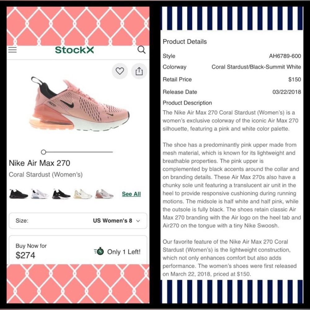 🪸US 6.5- Nike Air Max 270 “Coral Stardust" Women's Mesh Sneakers AH6789-600 - Picture 16 of 16